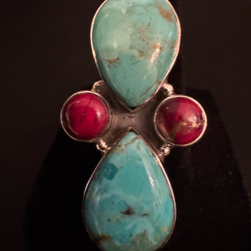Turquoise and coral Sterling Silver Ring